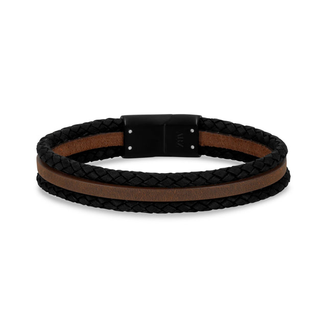 Bracelet en cuir noir et brun à trois rangs - Bracelets en cuir et acier pour hommes - The Steel Shop