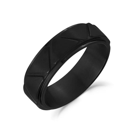 Bague à anneau gravable noire à motif triangulaire 6 mm