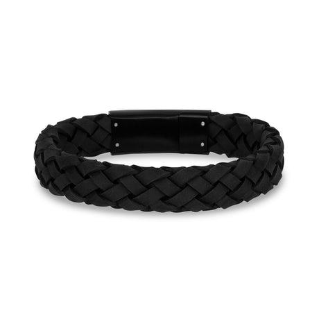 Bracelets acier-cuir pour hommes - Bracelet en cuir noir 12 mm avec fermoir noir gravable