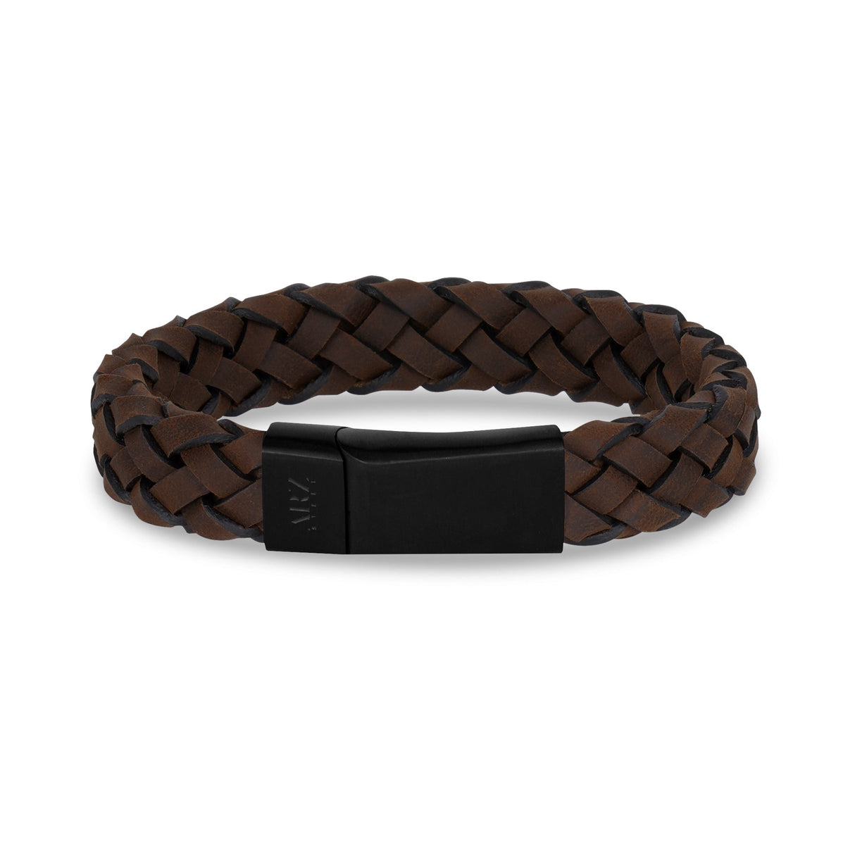Bracelets acier-cuir pour hommes - Bracelet gravé 12 mm en cuir brun à fermoir noir mat