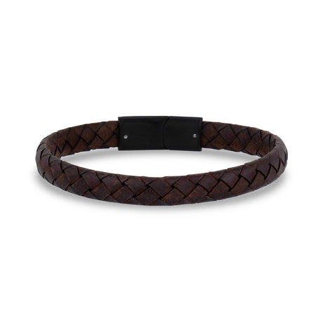 Bracelets en acier et cuir pour hommes - Bracelet plat en cuir marron de 8 mm avec fermoir noir mat et gravable.