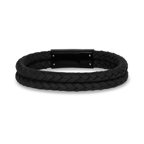 Bracelets acier cuir pour hommes - Bracelet double rangée en cuir noir gravable