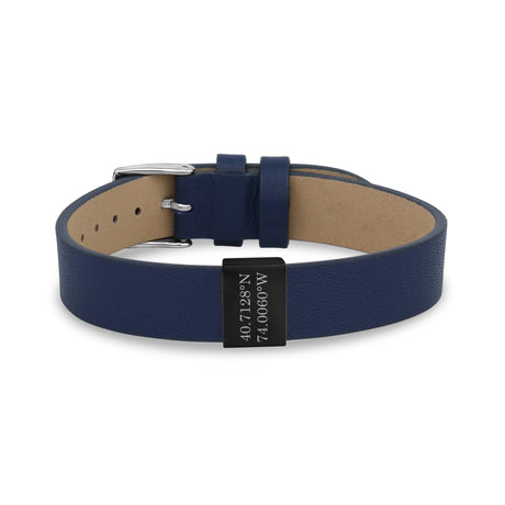 Bracelets en cuir d'acier pour hommes - Bracelet plat en cuir bleu à breloques gravables avec nom des coordonnées