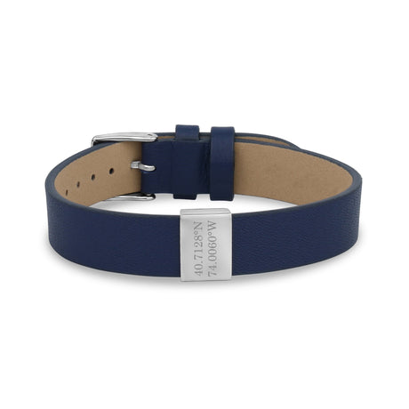 Bracelets en cuir d'acier pour hommes - Bracelet plat en cuir bleu à breloques avec coordonnées gravables