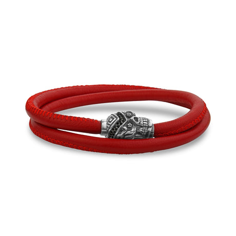 Bracelets en cuir d'acier pour hommes - Bracelet enveloppant en cuir rouge tête de mort