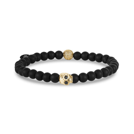 Bracelet de perles unisexe - Bracelet de perles extensible en onyx noir mat avec tête de mort en or 6 mm