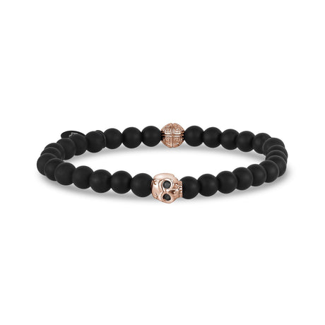 Bracelet de perles unisexe - Bracelet de perles extensible en or rose tête de mort 6mm, onyx noir mat.